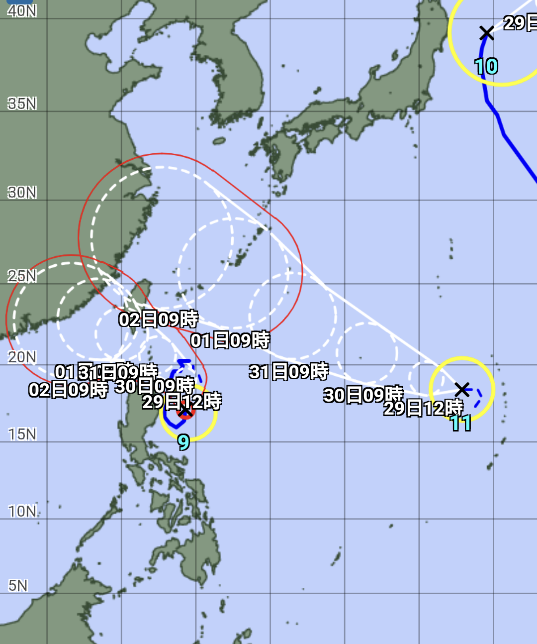 台風9号と10号が反れてますが、ここにきてまさかの11号発生。進路的に直撃💦